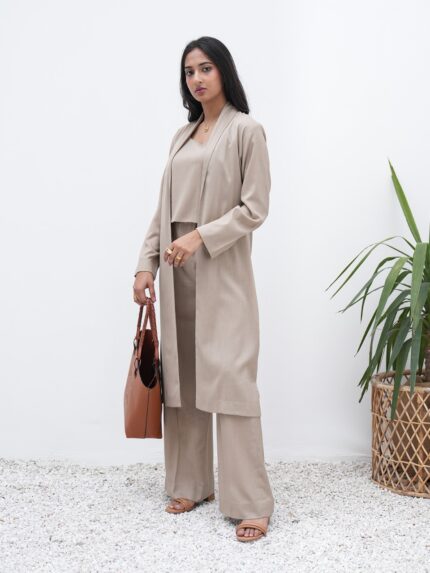 Women’s Beige Longline Blazer Co-Ord Set with Crop Top & Pants