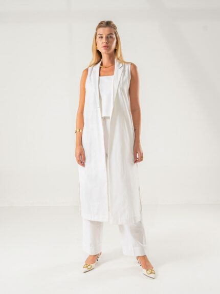 Women’s White Sleeveless Longline Blazer Co-Ord Set with Crop Top & Pants
