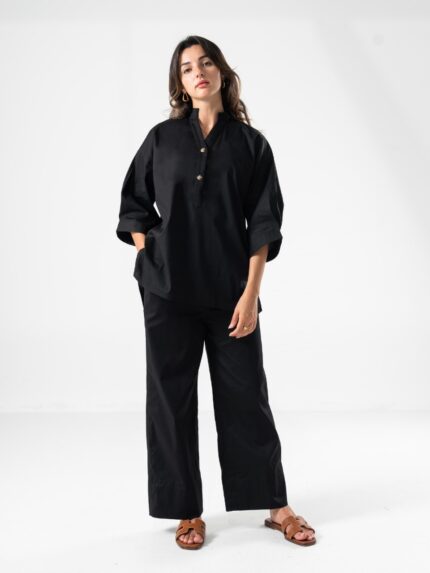 Women’s Black Kurta-Style Top & Wide-Leg Pants Co-Ord Set