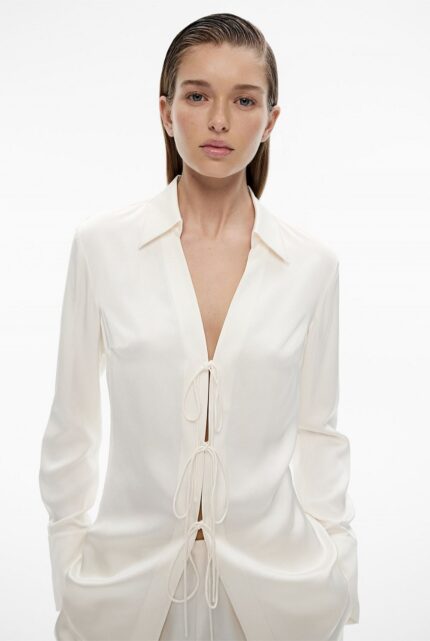 Ivory Satin Tie-Up Front Shirt