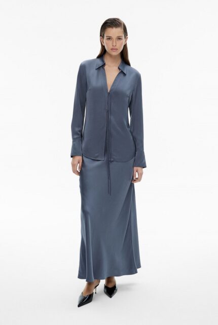 Slate Blue Satin Tie-Up Front Shirt