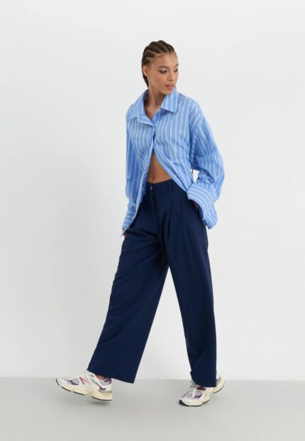 Navy Blue Wide-Leg Tailored Trousers