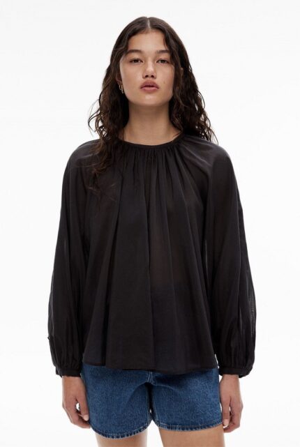 Black Sheer Slit-Sleeve Balloon Top