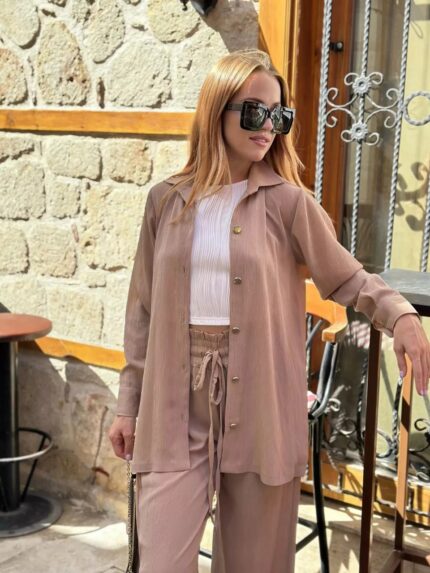 Nude Beige Textured Relaxed Co-ord Set (Shirt + Pants)