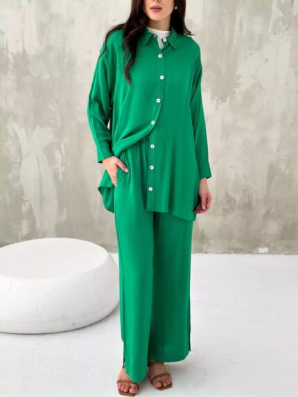 Emerald Green Buttoned Co-ord Set (Shirt + Pants)