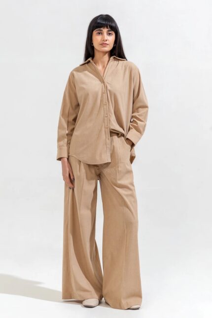 Soft Beige Curdory Co-ord Set (Shirt + Pants)