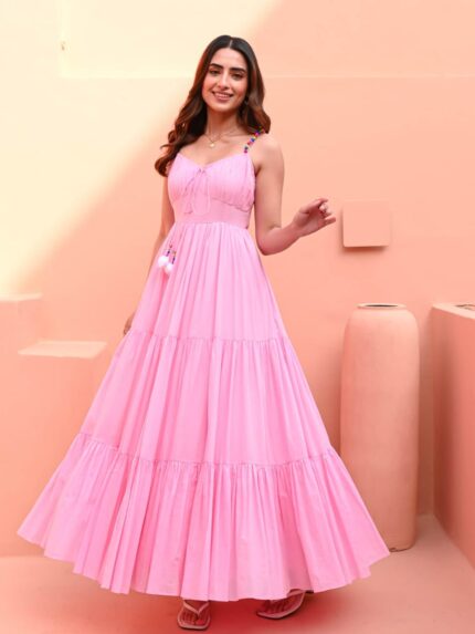 Pink Tiered Summer Dress with Colorful Pom-Pom Detail