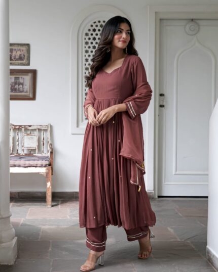 Elegant Maroon Anarkali Kurta Set with Dupatta – Festive & Ethnic Wear
